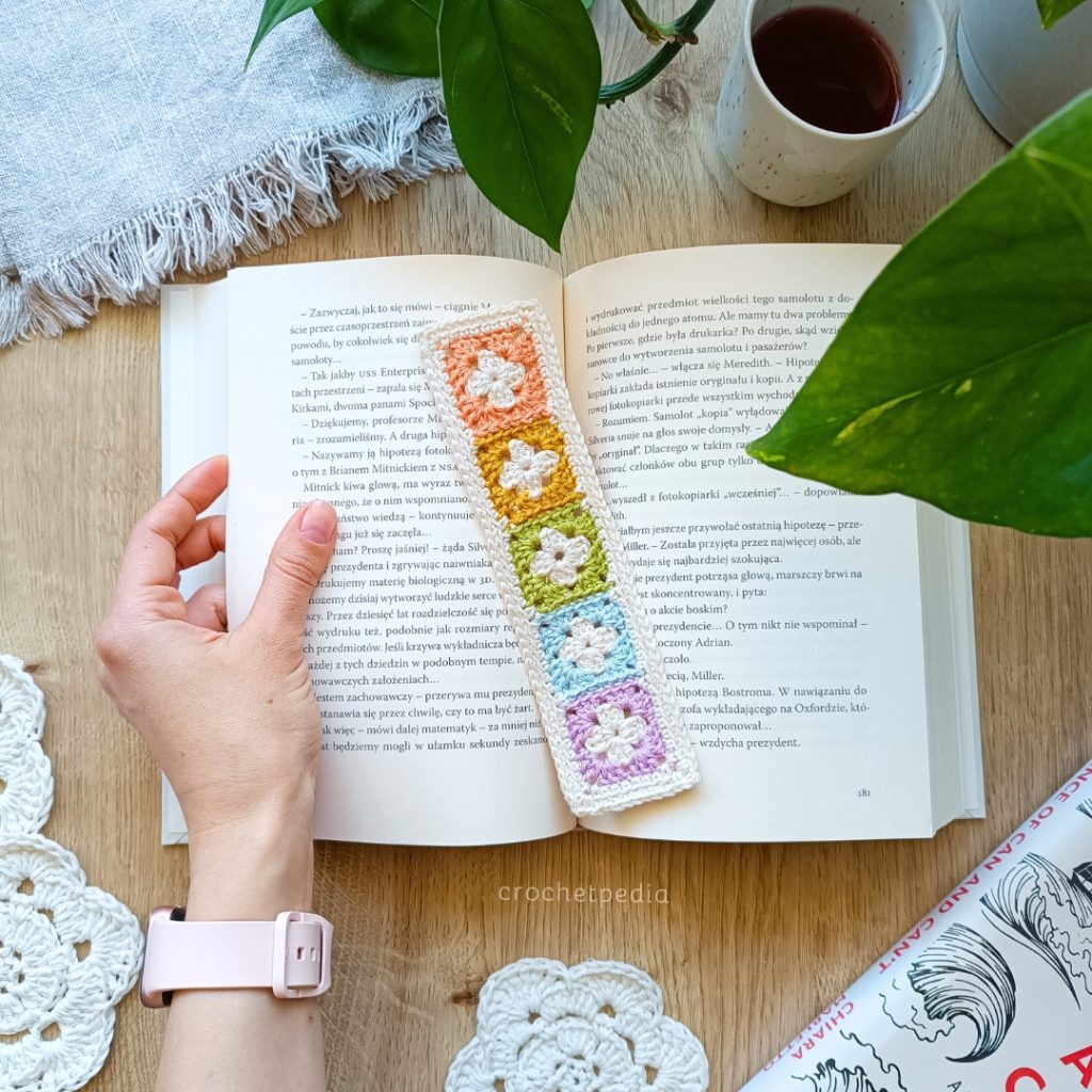 The finished granny square bookmark.