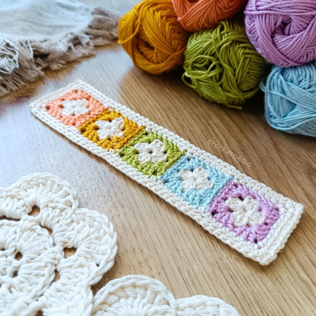 Finished granny squares in assorted colors.